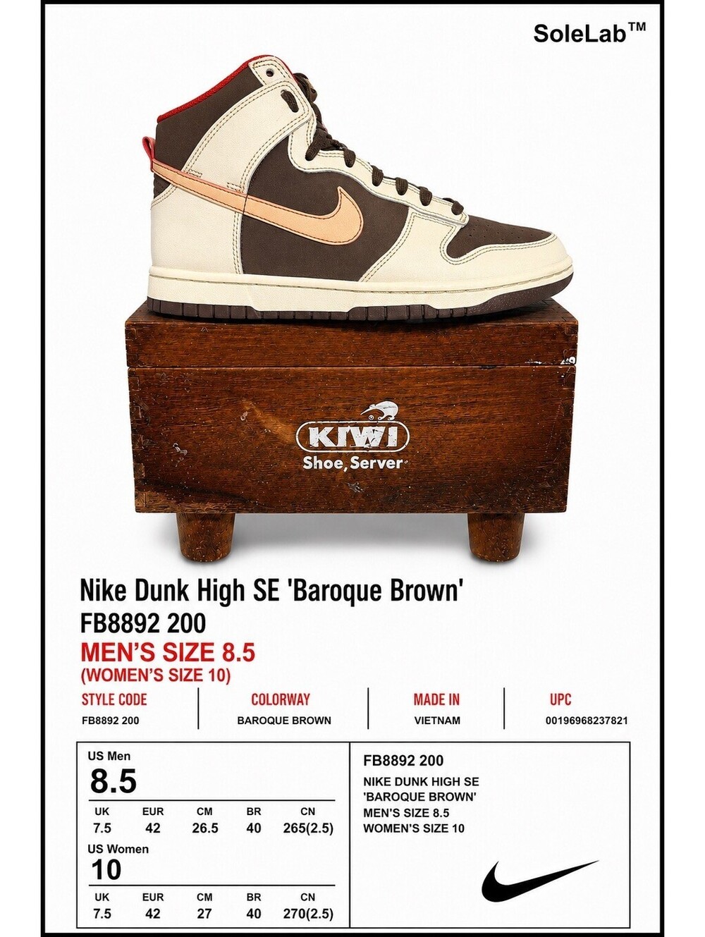 Nike Dunk High SE Baroque Brown FB8892-200 Men’s 8.5 Women’s 10 No Box